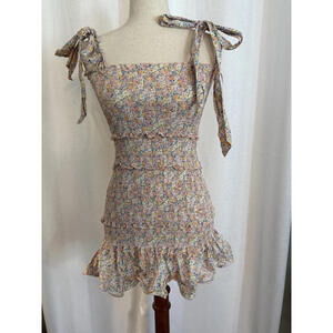 Mable Mini Dress Smocked Flowers Bow Ties Sz S Pink Green Yellow Floral